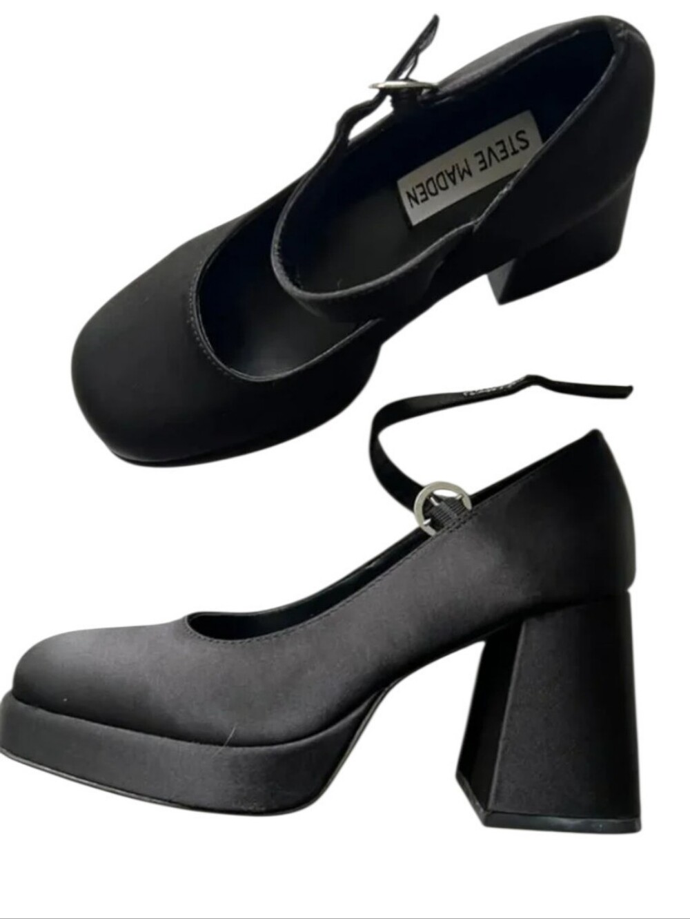 Steve Madden Mingle Platform Mary Jane Heels – Black Satin Finish Size 7 1/2